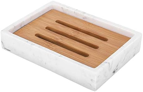 Luxspire Bamboo Soap Dish, Resin Holder with Drainage, Gravel White by Luxspire