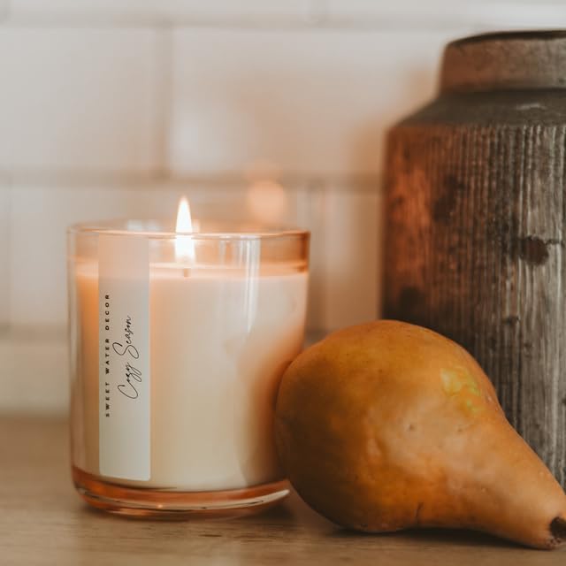 Sweet Water Decor Cozy Season Candle, 12oz Sandstone Glass Jar, Autumn Scented Notes of Woods, Spice, & Citrus, 50+ Hour Burn Time, Non-Toxic Soy Wax Blend, Poured in The USA, Cotton Wick