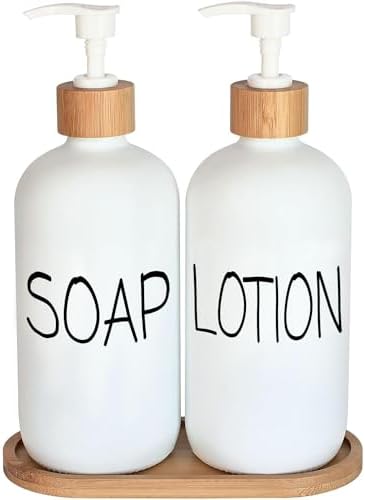 White Soap Dispenser Bathroom Set, Set with Glass Dispenser, Bamboo Pumps & Tray. Hand and Lotion Suitable for Farmhouse Decor by DIDROOM