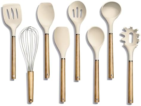 Country Kitchen Non Stick Silicone Utensil Set with Rounded Wood Handles for Cooking and Baking, Khaki, 8 Piece Set (Pack of 12) by CountryKitchen