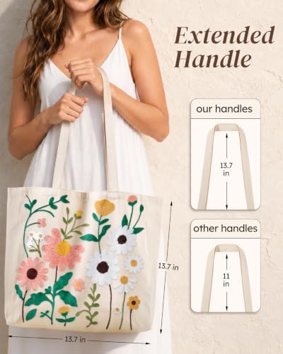 Floral Embroidery Canvas Tote Bag with Magnetic Closure for Daily - Image 2
