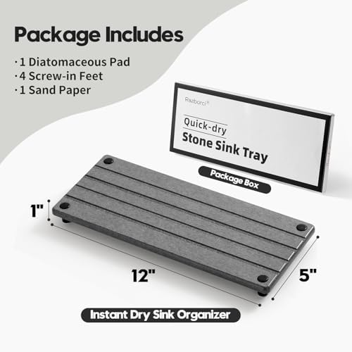 Razborci Instant Dry Sink Caddy Kitchen Sink Organizer, Quick Drying Stone Tray Diatomite Sponge Holder Soap Dish, Bathroom Countertop Fast Dry Water Absorbing Vanity Rack, Dark Gray,12" x 5" - Image 3