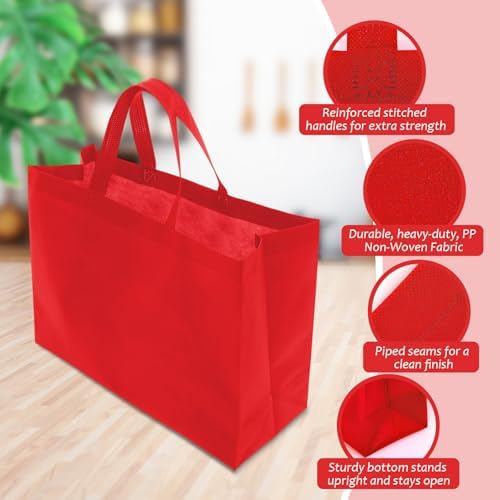 50 Pcs Reusable Tote Bag with Handles Bulk Extra Large Non Woven Grocery Shopping Bags for Boutiques Retail Store(Red) - Image 6