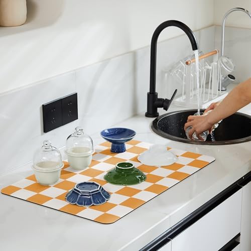 Ohocut Checkered Dish Drying Mat for Kitchen Counter, Coffee Bar Station Accessories, Retro Cute Fall Aesthetic Modern Absorbent Drainer Mat Kitchen Drying Mat Easy Clean, Orange 12" x 19" - Image 2