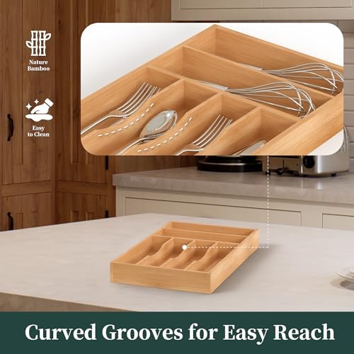 Silverware Organizer, Bamboo Kitchen Drawer Organizer, Utensil Holder, Cutlery Tray & Spoon Flatware Storage with Grooved Drawer Dividers (10''W x 16''D) - Image 4