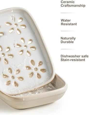 Miamolo Soap Dish for Shower with Drainage, Double Layer Bar Soap Holder, Ceramic Soap Saver Sponge Holder for Bathroom, Tub and Kitchen Sink, Slotted Draining Soap Dishes Extend Soap Life, Beige - Image 5