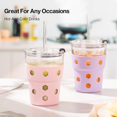 Mrsdry 12oz Iced Coffee Cup with Lids and Straws, BPA Free Reusable Glass Coffee Cups with Silicone Sleeves for Coffee, Iced tea, Thick Wall Glass Cup - Image 5