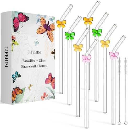 Cute Glass Straws with Bow Charms, 8-Pack 9-Inch Bent for 16-20 oz Tumblers by LIFEHIM