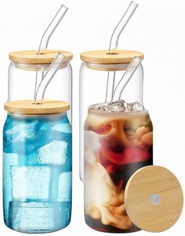 WISIMMALL Drinking Glasses with Bamboo Lids and Glass Straw 4PCS Set, 16oz Glass Cups with Lids and Straws, Beer, Iced Coffee Glasses, Soda, Gift 1 Cleaning Brushes by WISIMMALL