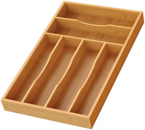 Bamboo Silverware Organizer, Bamboo Kitchen Drawer Cutlery Organizer, Utensil Holder, Flatware Organizer Tray (15.8"x9.5"x1.6") by Bayting