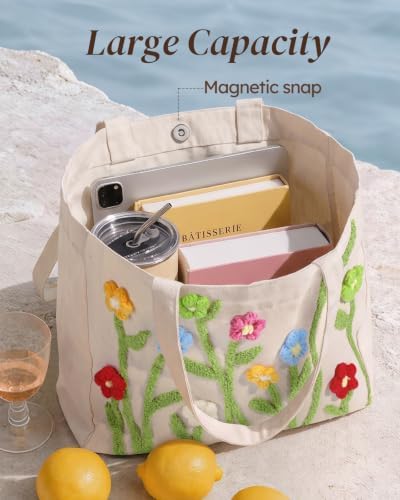 Floral Embroidery Canvas Tote Bag with Magnetic Closure for Daily - Image 5