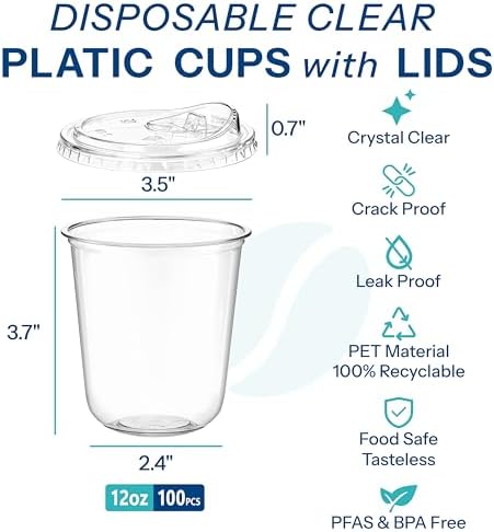 Homestockplus 100 Pack 12 oz BPA-Free Clear Plastic Cups with Sip Lids - Leak-Proof Round Bottom Disposable Iced Coffee Cups for Kids, To-Go Drinks, Smoothies, Juice & Small Portion Cold Beverages - Image 2