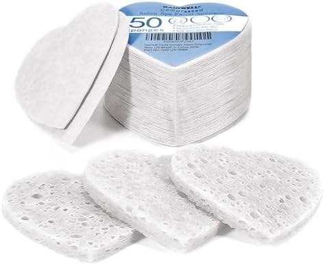 GAINWELL 50-Count Heart Shape Compressed Facial Sponges for Daily Facial Cleansing and Exfoliating, 100％ Natural Cosmetic Spa Sponges for Makeup Remover, White by GAINWELL