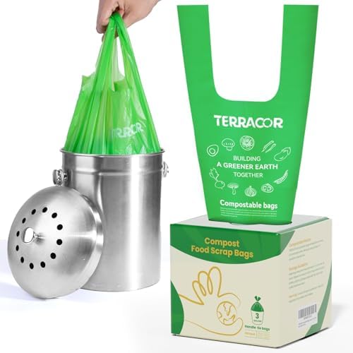 Compost Bags, Handle Tie Food Scrap Bags 3 Gallon,100 Count,Certified by BPI and ASTM D6400, Kitchen Compost Bin Compatible by TerracorPackaging
