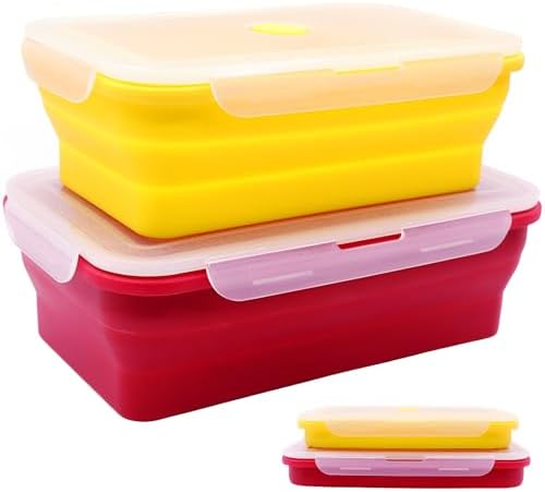 Set of 2 Extra Large Collapsible Silicone Food Storage Containers With Lids,82.8oz + 60.2oz Meal Prep Box, Bento Lunch Boxes, Rv Collapsible Bowls For Camping, Kitchen, BPA Free(Red and Yellow) by FUSMYE