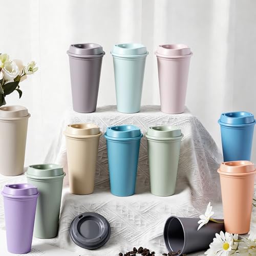 FillTouch 12 Pcs 16 oz Reusable Coffee Cups with Lids, Morandi Pastels - Image 4
