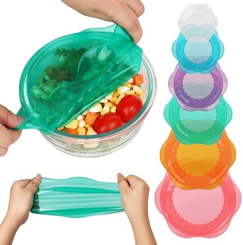 Silicone Stretch Lids for Food Storage in Fridge, Reusable Elastic Bowl Covers for Cup, Cans, Jars, Round & Rectangle Container, Food Grade Silicone Microwave Food Cover, Heat-Resistant, 6PCS by ROTTOGOON