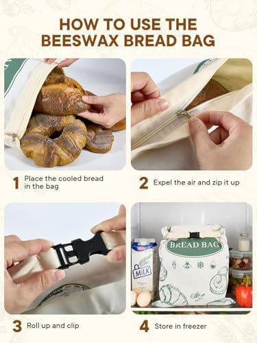 2 Pack Zippered Beeswax Bread Bags 17×13 Inch Large Cotton Sourdough Bread Bags Reusable Bread Storage Bags for Homemade Bread Freezer Safe for Bagel Croissant & Baguette Kitchen Baking Supplies - Image 4