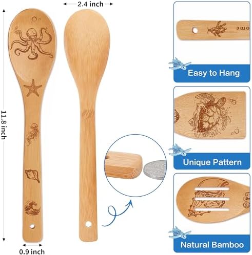 6 PCS Ocean Bamboo Cooking Spoon Set with Utensil Holder,Coastal Themed Kitchen Decor,Beach Accessories Gift for Women,Sea Turtle Lovers,Mother's Day,Housewarming,Birthday,Easter Gifts - Image 2