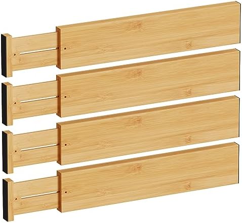 BAMEOS Bamboo Expandable Drawer Dividers – Fits 16.65"–22" Drawers, 4" Extra Deep Walls, Set of 4 | Maximum-Height Spring-Loaded Organizer for Deep Kitchen, Bathroom & Dresser Drawers by BAMEOS