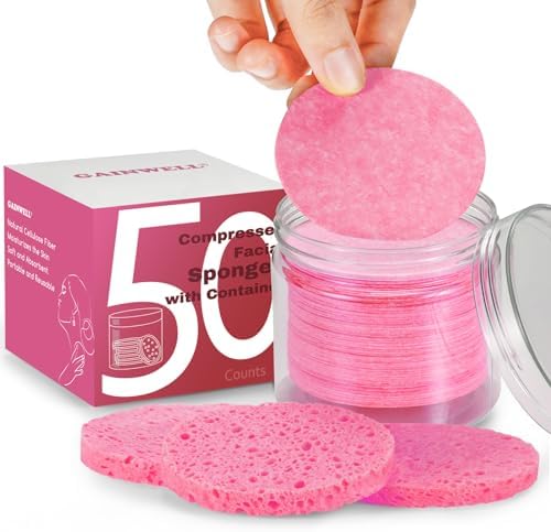 GAINWELL 50-Count Compressed Facial Sponges with Storage Container, for Facial Cleansing, Reusable Makeup Remover, Portable, Suitable for Travel, Pink by GAINWELL