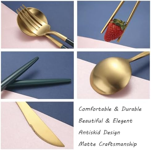 AARAINBOW 8 Pieces Stainless Steel Flatware Set Portable Reusable Cutlery Set Travel Utensils Set Including Chopsticks Knife Fork Spoon Straws Cleaning Brush Dishwasher Safe (Green Golden) - Image 6