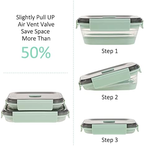 Collapsible Food Storage Containers with Lid & Air Vent, Clear Stacking Silicone Collapsible Food Container Set, Microwave Freezer Dishwasher Safe Space-Saver, Set of 4, Mint Green - Image 3