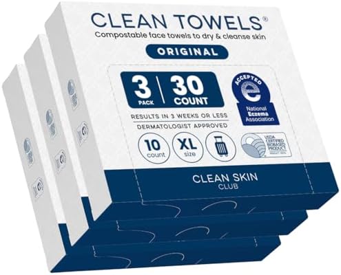 Clean Skin Club Clean Towels XL®, Travel Pack 100% USDA Biobased Disposable Face Towel, Eczema Association Accepted,Dry Wipes, TSA-Approved Travel Essential, 3 Packs, 30 ct Total by CLEANSKINCLUB