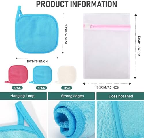 12 Pack Makeup Remover Cloth, 6" x 6" Reusable Makeup Remover Towels Face Washcloth for Washing Face, Makeup Remover Pads Cosmetic Face Wash (Pink-White-Blue) - Image 2