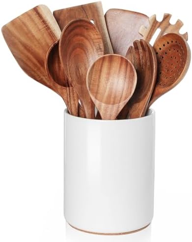 Wooden Cooking Utensils Set with Ceramic Holder,Teak Wood Utensils 10pcs by Nucookery