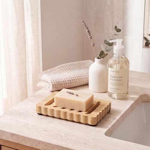 Jinei 2 Pcs Scalloped Wood Soap Dish Bulk 4.92 x 3.35 x 0.59 Inch Bamboo Bar Soap Holder with Self Draining Non-Slip Point Design Sponge Saver for Shower Bathroom Kitchen - Image 4
