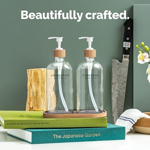 Vine Creations Clear Glass Soap Dispenser Set, Hand Soap and Dish Soap Dispenser Set with Bamboo Tray, 16 oz Glass Dispensers Bottle for Kitchen and Bathroom Decor Modern Boho with Bamboo Pump (Clear) - Image 2