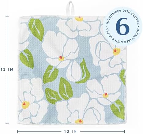 ELYN Microfiber Kitchen Dish Cloth Set, Quick-Dry & Absorbent Waffle Weave Cleaning Towels, Set of 6 Wash Cloths, Paper Towels & Sponge Alternative (Magnolias & Stripe) - Image 2