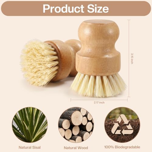 Wooden Dish Brush Handheld Bamboo Wok Brush Scrubber for Dishes Pans Pots Fruit and Veggie Washing(1,Beige) - Image 2