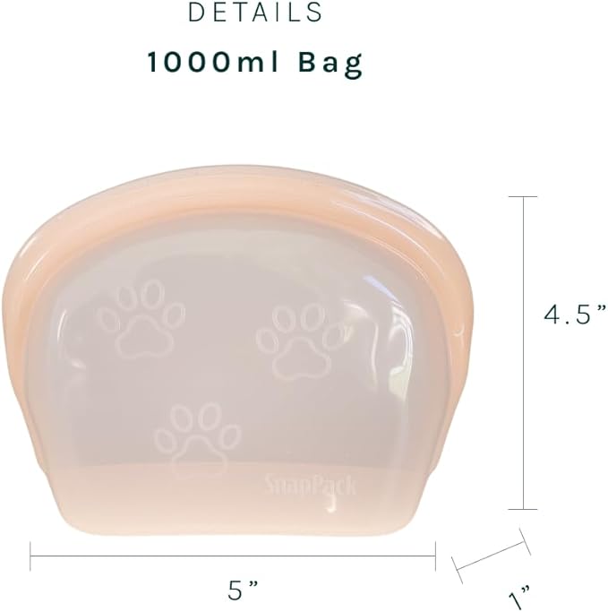 SnapPack Premium Silicone Reusable Pet Storage Stand-Up Bags, Pet Duo Set, Microwave, Dishwasher, Oven and Freezer Safe, BPA Free, Leak-free, and Eco-friendly (Single - Peach 1000ml)