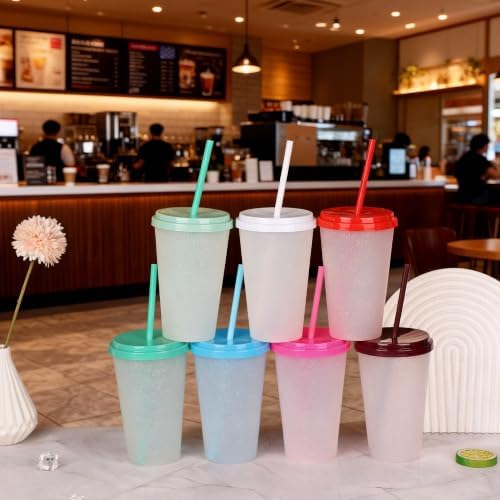 Color Changing Cups, 5 Pack 24oz Plastic Tumblers, Reusable Iced Coffee & Smoothie Cups with Lids and Straws for Parties and Travel (Bright, 24 Pcak) - Image 6