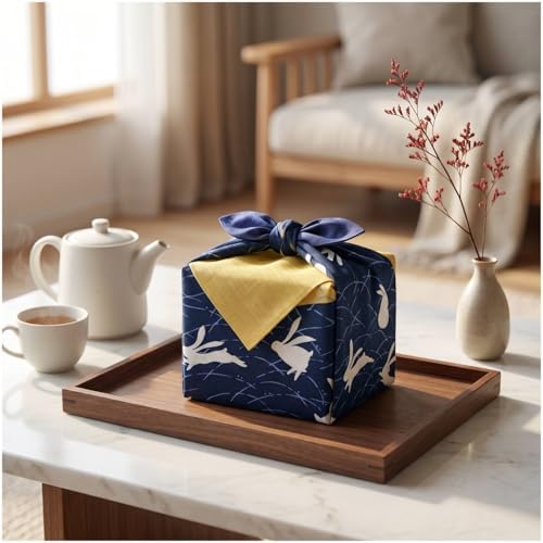 Furoshiki Japanese Wrapping Cloth, Large Size 27.6x27.6 Inch 70cm Reusable Gift Wrap, Eco-Friendly Fabric for Bento Bag, Wine Bottle, Table Decor Washable & Wrinkle Resistant (Moon Dancing Rabbit) - Image 3