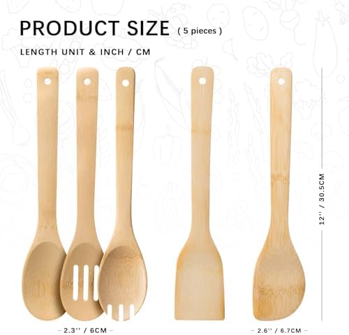 Wooden Spoons for Cooking, 5-Piece Bamboo Cooking Utensil Set - Image 2