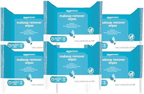 Amazon Basics Makeup Remover Wipes, Gentle Cleansing, Dermatologist Tested, Hydrating with Hyaluronic Acid, Plant-Based, Alcohol-Free, Removes Waterproof Mascara, No-Rinse Formula, 25 Count, 6-Pack by AmazonBasics