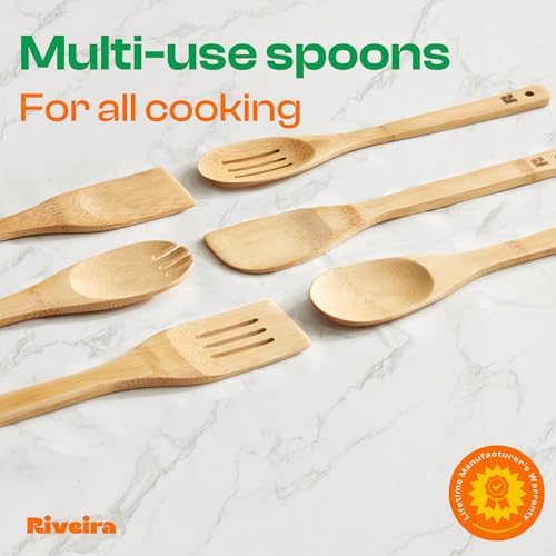 Riveira Bamboo Cooking Spoons 6-Piece – Wooden Cooking Utensils Set with Wooden Spoons for Cooking & Spatulas Wooden Utensil Sets – Premium Kitchen Utensils Set – Durable First Apartment Essentials - Image 4