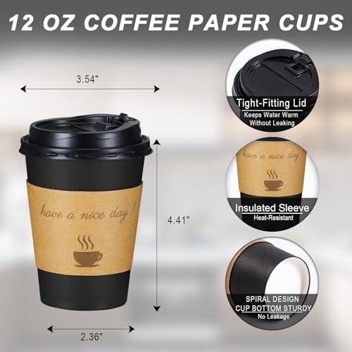Lamosi 12 oz Coffee Cups 50 Pack, Disposable To Go Paper Cups with Lid - Image 2