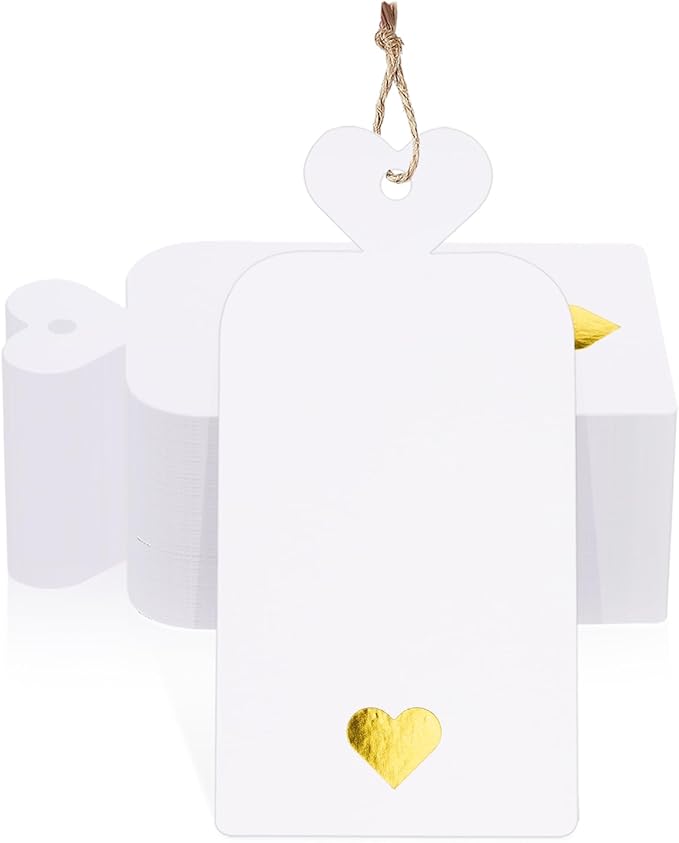 jijAcraft 100Pcs Blank Gift Tags with String, Gift Tags with Foil Gold Heart, 4x2Inch Large Hanging Tag, White Paper Labels for Party Favors, Cupcakes, DIY Crafts