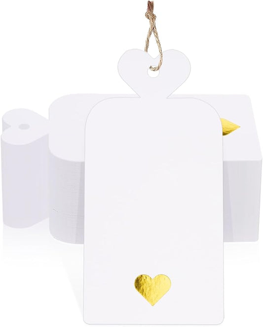 jijAcraft 100Pcs Blank Gift Tags with String, Gift Tags with Foil Gold Heart, 4x2Inch Large Hanging Tag, White Paper Labels for Party Favors, Cupcakes, DIY Crafts