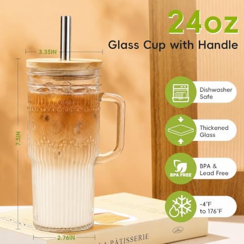 JunVpic Glass Tumbler, 24 oz Ice Coffee Cups with Bamboo Lid and Handle - Image 3