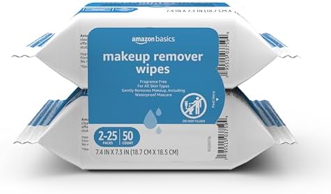 Amazon Basics Makeup Remover Wipes, Formulated without Fragrance and Alcohol-Free, Gentle Cleansing, Removes Waterproof Mascara, Dermatologist Tested, 25 Count, Pack of 2 by AmazonBasics