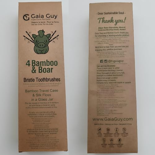 Gaia Guy Bamboo and Boar Bristle Toothbrush (4 Pack) + Travel Case & Silk Dental Floss | 100% Compostable Bristles and Floss | Eco-Friendly Dental Set | Biodegradable & Compostable Wooden Toothbrushes - Image 6