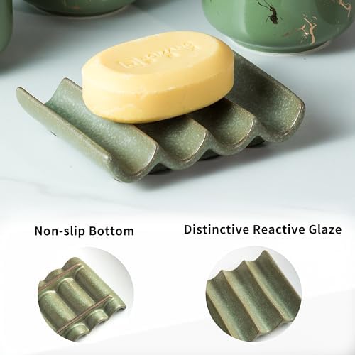 Draining Ceramic Soap Dish - Fluted Design, Bar Soap Holder for Shower & Bathroom, Soap Saver Sponge Lift, Green - Image 6