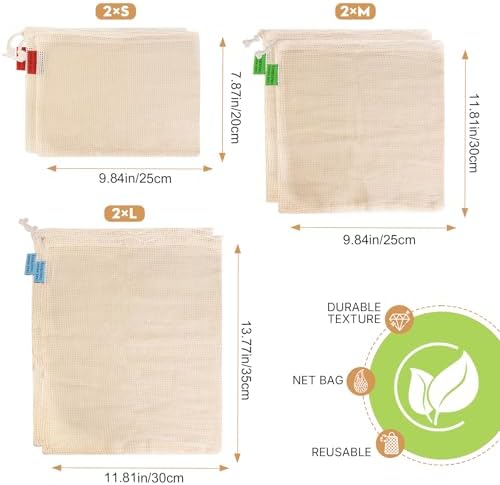 Ycsst Reusable Produce Bags 6 Pack, Cotton Mesh Vegetable Bags for Grocery Shopping, Washable Mesh Produce Bags for Fruits & Vegetables Storage (2S,2M,2L) - Image 2