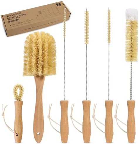 Bottle Brush Set - 6 Pack Sisal Bristle Natural Bottle Brush, All in One Bottle and Straw Brush Cleaning Set for Water Bottles, Glasses, Cups and Lid by VALENTISE
