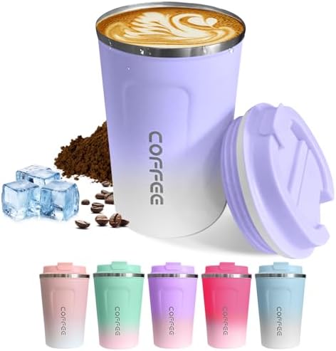SPLMIFA Travel Coffee Mug Leak-Proof, Reusable Coffee Cups with Lid, Stainless Steel Vacuum Insulated Coffee Tumblers, Thermal Insulation Cup for Men & Women Hot & Cold Drinks(2nd-Purple White, 12OZ) by SPLMIFA